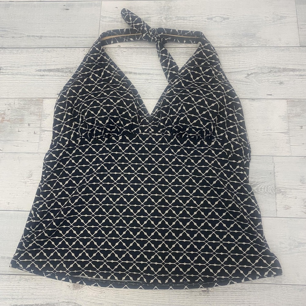 Lands End Tankini Top Womens 10 Black Geometric Halter Swimwear Beach Vacation